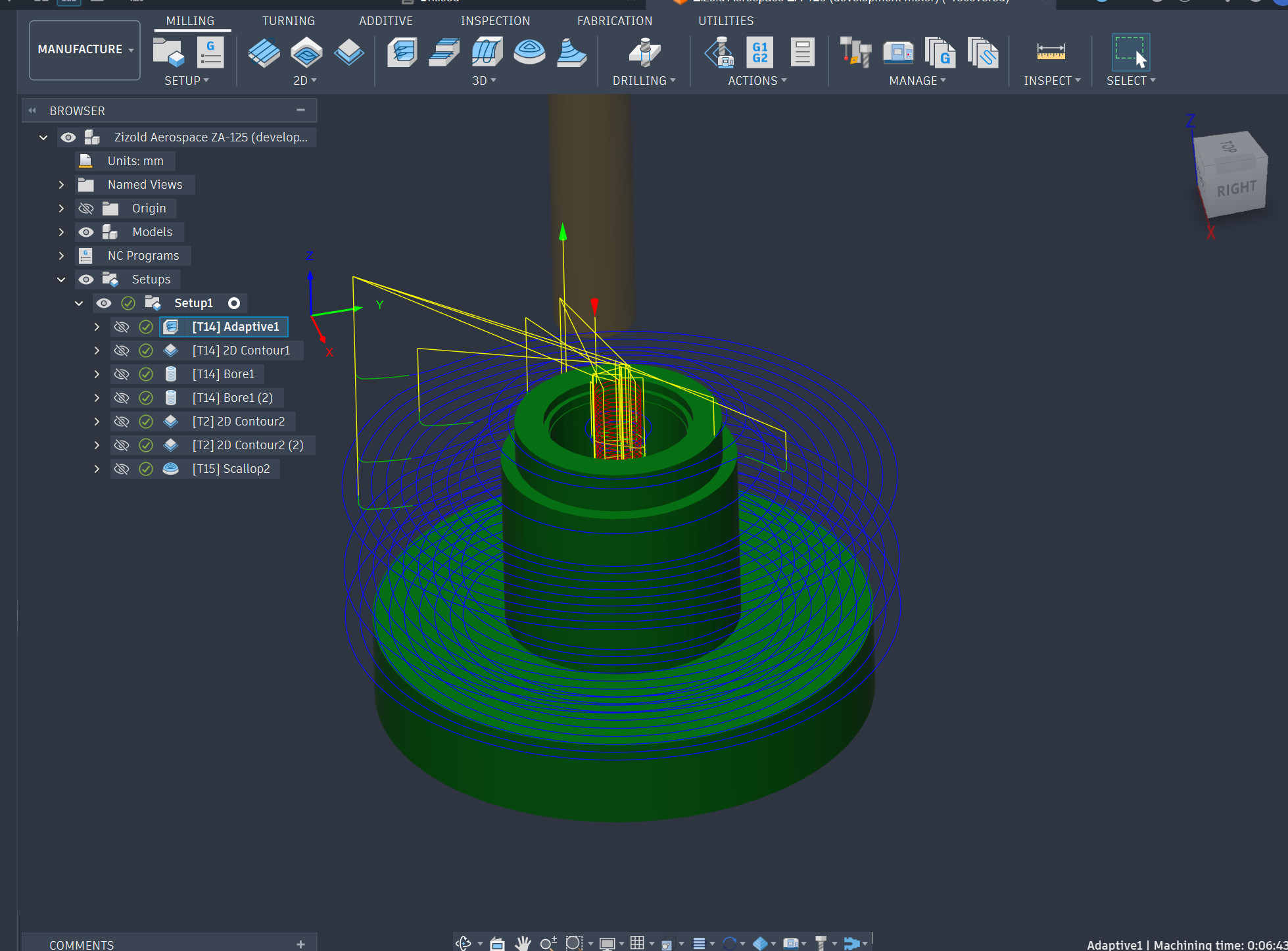 Fusion CAM toolpaths on the nozzle carrier model