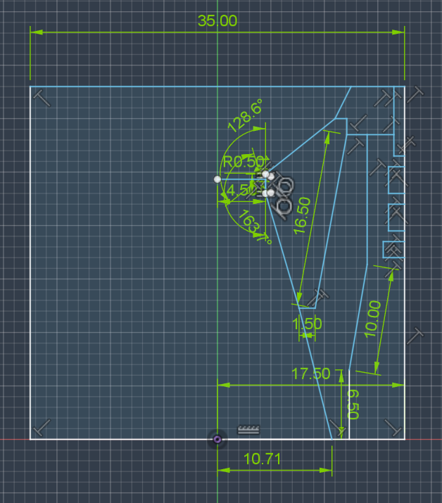 Dimensioned nozzle profile sketch in CAD